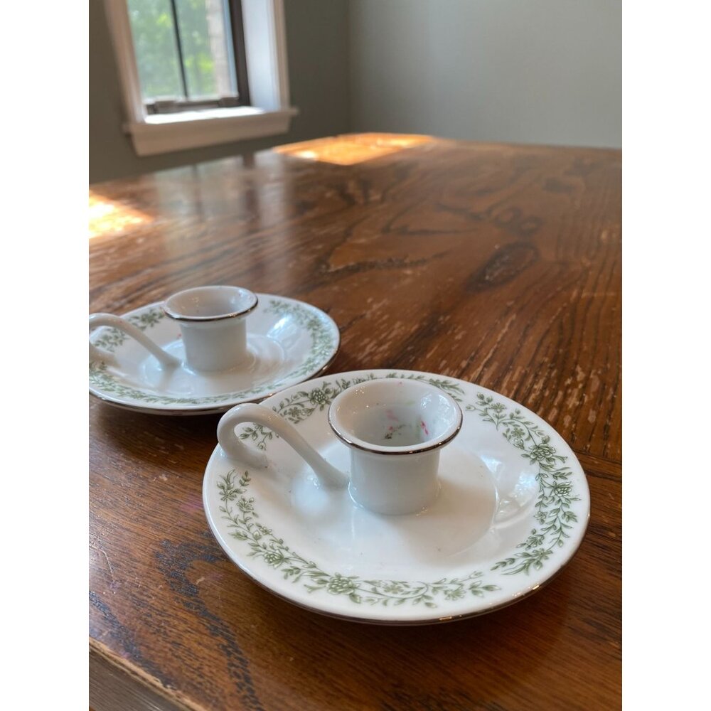 Mikasa Fine China Candle Holders W/Handle Green Floral Design G9059 Set Of 2 Vin